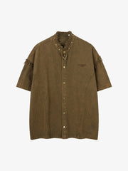 Rivet Deconstructed Split Stitching Denim Short-sleeved Shirt