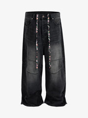 Distressed Drawstring Knee-Length Washed Baggy Jeans