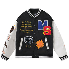 Saint Michael Loose Baseball Jacket With Embroidered Badge -Black