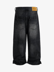 Distressed Drawstring Knee-Length Washed Baggy Jeans