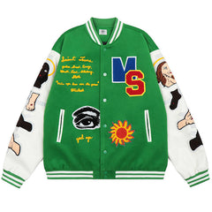 Saint Michael Loose Baseball Jacket With Embroidered Badge-Green