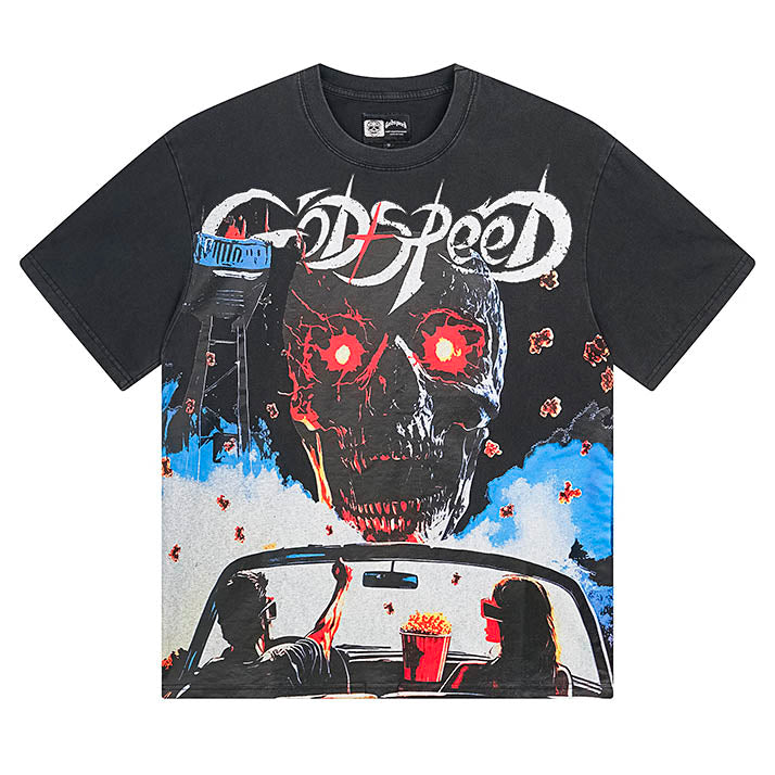 Godspeed スカル ブラックTシャツ 2025 BRAND NEW Godspeed Skeleton Crown scepter printing Tee