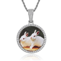 Men's Small Round Photo Pendant Zirconia Necklace