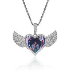 Men's Heart Wings Photo Frame Diamond Pendant Necklace