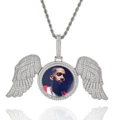 Men's Large Angel Wings Round Frame Pendant Necklace