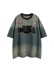 Distressed Washed Patchwork Gradient Denim T-shirt