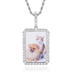 Men's Square Photo Frame Pendant Zircon Necklace