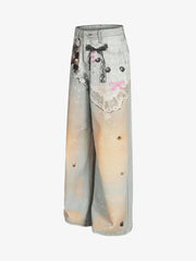 Retro 3D Fun Doll Print Washed Baggy Jeans