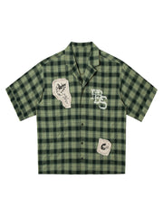 Plaid Applique Printed Short Sleeve Shirt - 2463