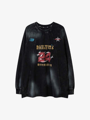 Letter Print Dirty Ink Round Neck Long Sleeve T-Shirt
