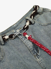 Retro Patchwork Belt Decorated Barrel Jeans
