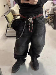 Distressed Drawstring Knee-Length Washed Baggy Jeans