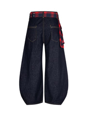 Washed Plaid Belt Barrel Jeans