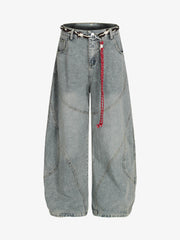 Retro Patchwork Belt Decorated Barrel Jeans