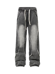 Washed Distressed Raw Edge Drawstring Jeans