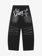 Vintage Embroidered Cross Washed Scimitar Jeans