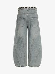 Retro Patchwork Belt Decorated Barrel Jeans