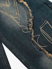 Vintage Embroidered Washed Raw-Edge Graffiti Scimitar Jeans