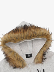 Vintage Faux Fur Collar Printed Zip Up Hooded Sweatshirt