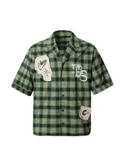 Plaid Applique Printed Short Sleeve Shirt - 2463