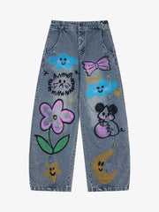 Fun Pattern Hand-Painted Print Denim Washed Jeans