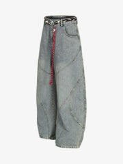 Retro Patchwork Belt Decorated Barrel Jeans