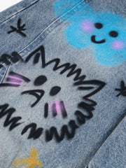 Fun Pattern Hand-Painted Print Denim Washed Jeans
