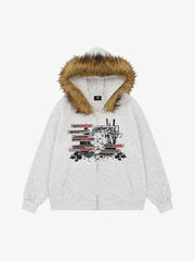 Vintage Faux Fur Collar Printed Zip Up Hooded Sweatshirt