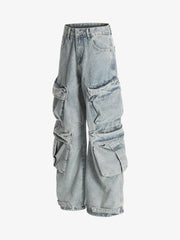 Vintage Washed Ripped Multi-pocket Work Jeans