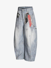 Ribbon Print Scimitar Wide-Leg Jeans