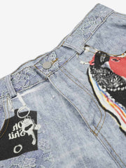 Ribbon Print Scimitar Wide-Leg Jeans
