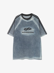 Retro Letter Embroidery Contrast Denim T-shirt