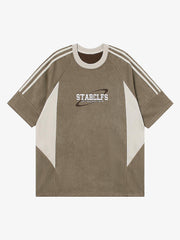 Suede Contrast Color Spliced Letter Embroidery Oversize T-shirt - 2462