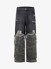 Washed Distressed Stitching Camouflage Straight Jeans