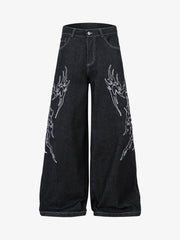 Embroidered Flame Baggy Jeans - 2456