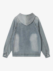 Embroidered Washed Distressed Denim Hoodie