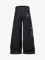 Embroidered Flame Baggy Jeans - 2456