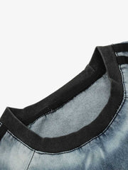 Retro Letter Embroidery Contrast Denim T-shirt