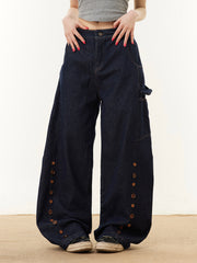 Button Embroidered Barrel Jeans