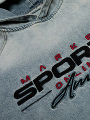 Embroidered Washed Distressed Denim Hoodie